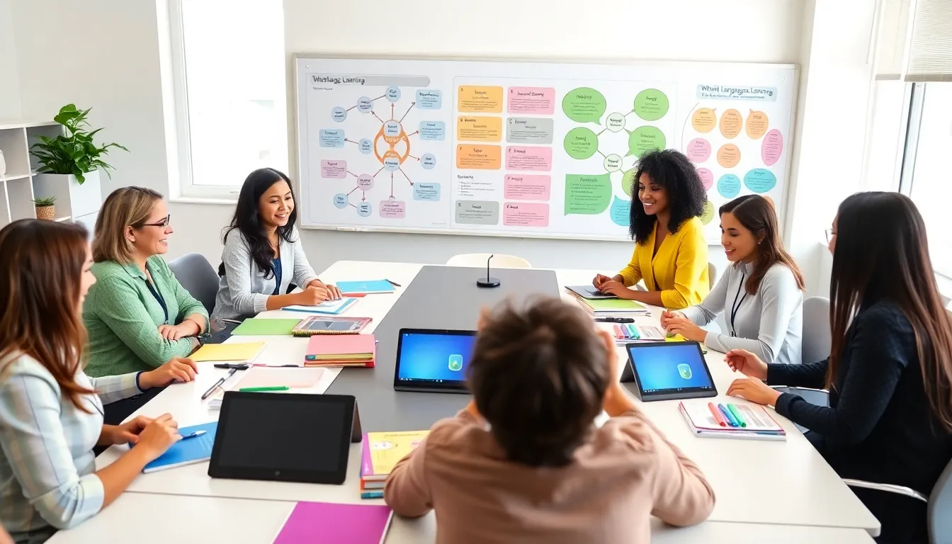 diverse educators collaborating in a modern classroom setting.