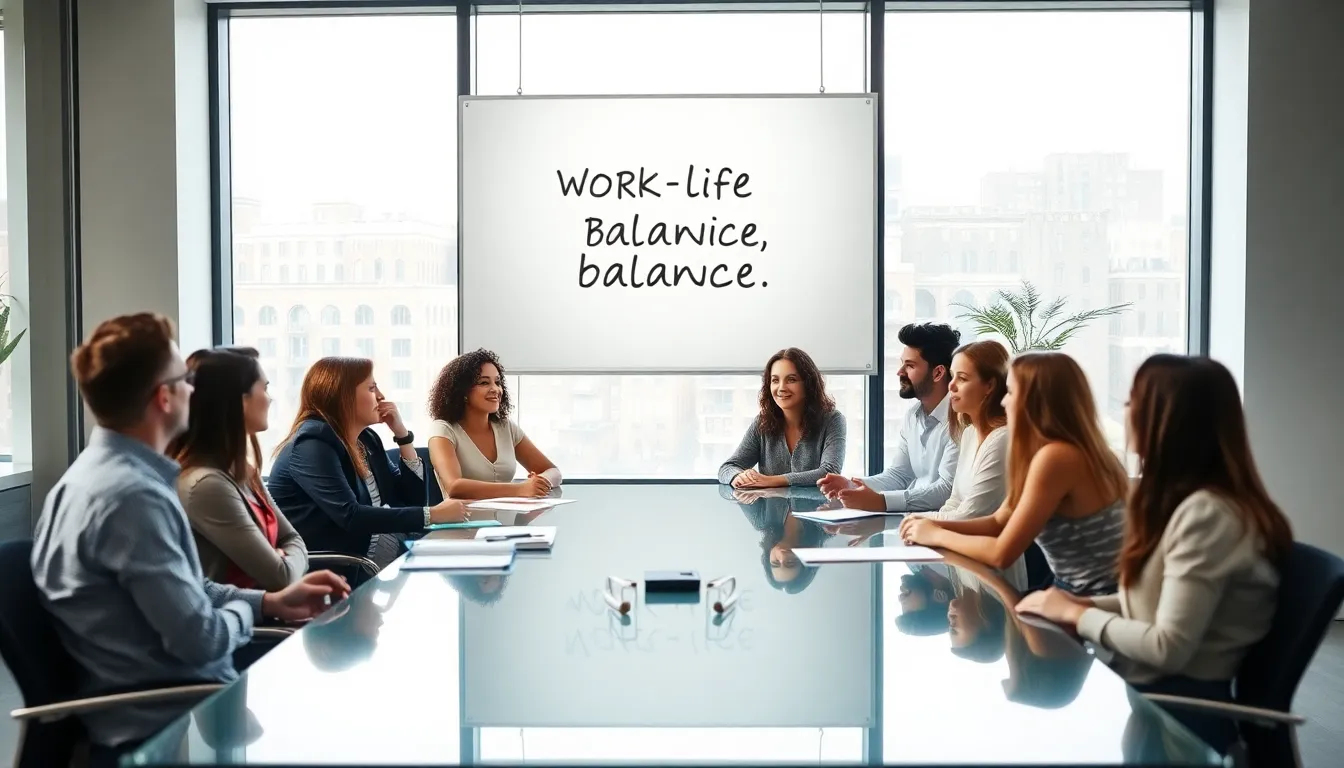 diverse team discussing work-life balance quotes in a modern office.