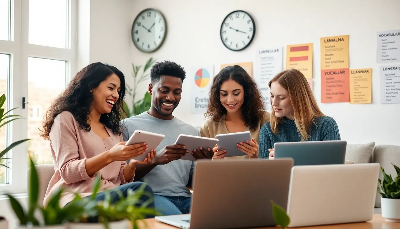 diverse group learning Spanish in a modern home office.