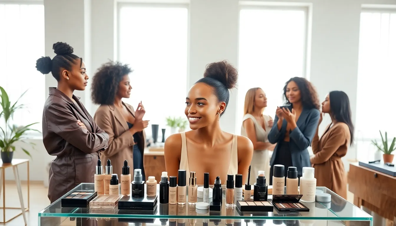 makeup artists applying natural glow makeup in a bright studio.