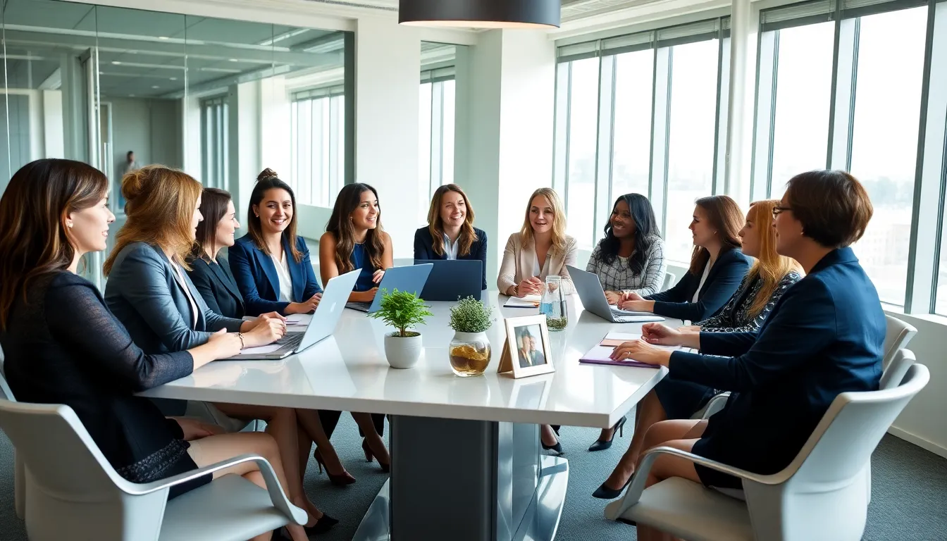 diverse professional women discussing work-life balance in a modern office.