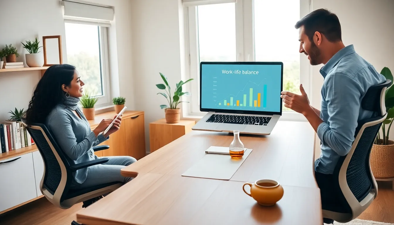 diverse professionals discussing work-life balance in a modern home office.