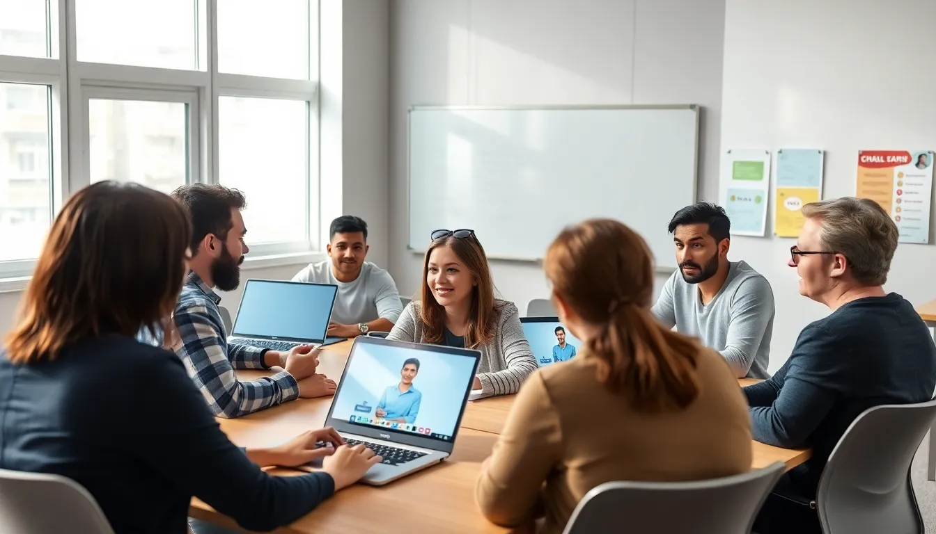 diverse group learning language with a digital assistant in a modern classroom.