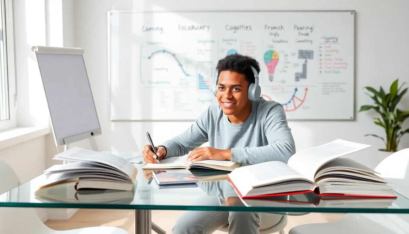 young adult studying at a modern desk, emphasizing bilingual learning benefits.