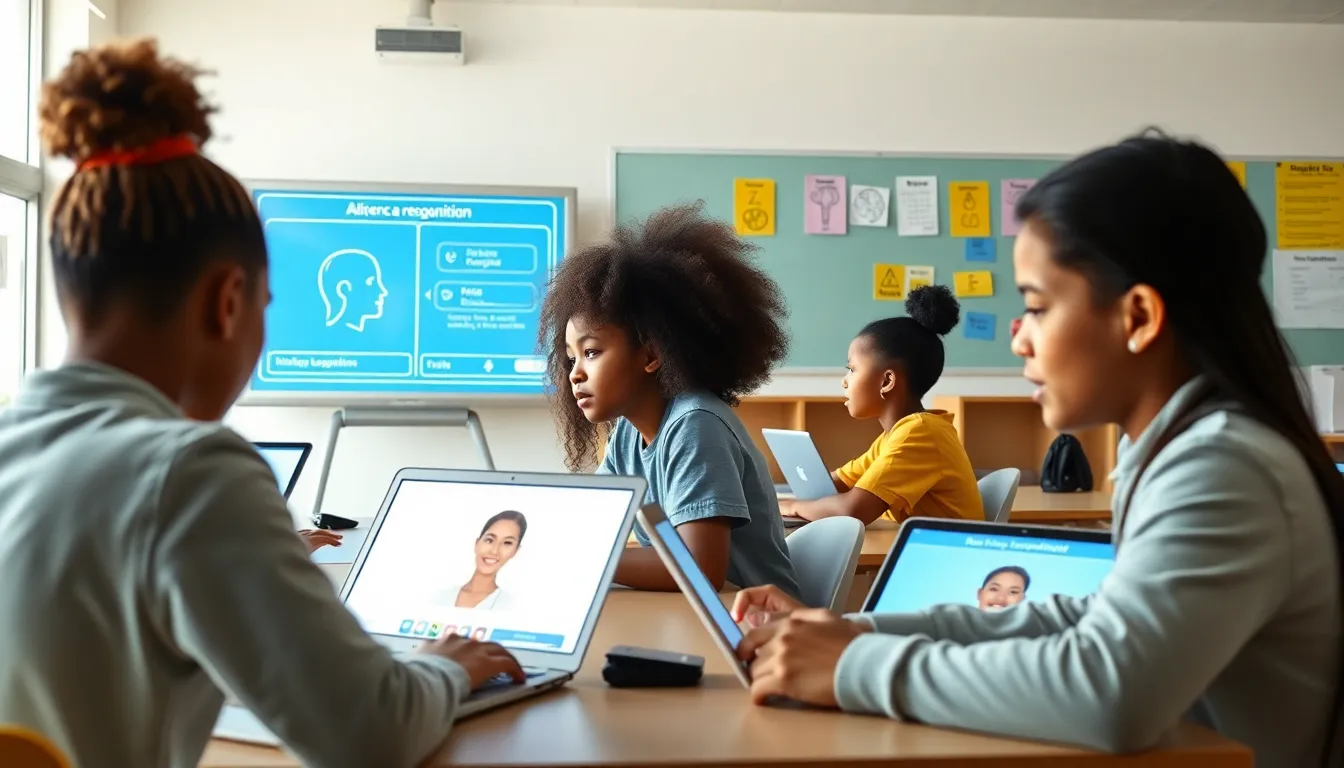 diverse students using AI tools for language learning in a modern classroom.