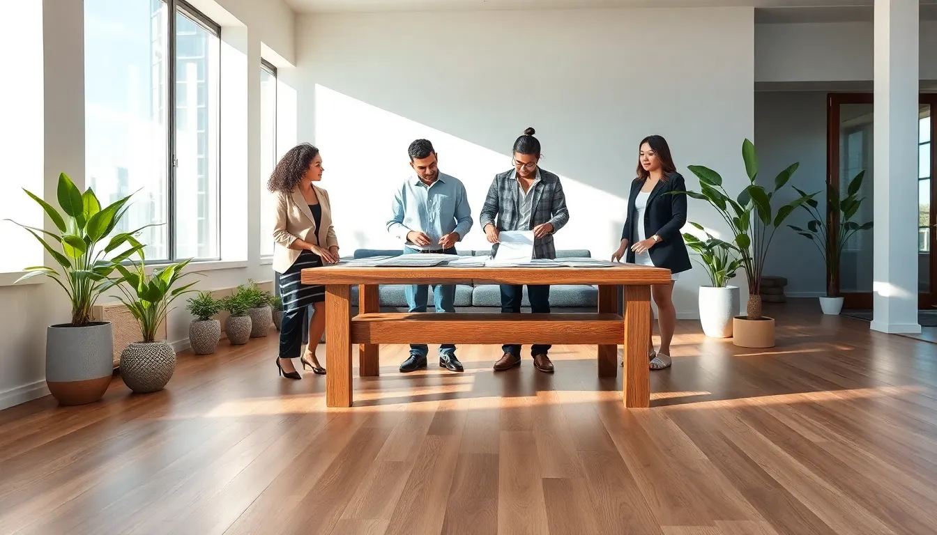 diverse professionals discussing sustainable flooring options in a modern office.